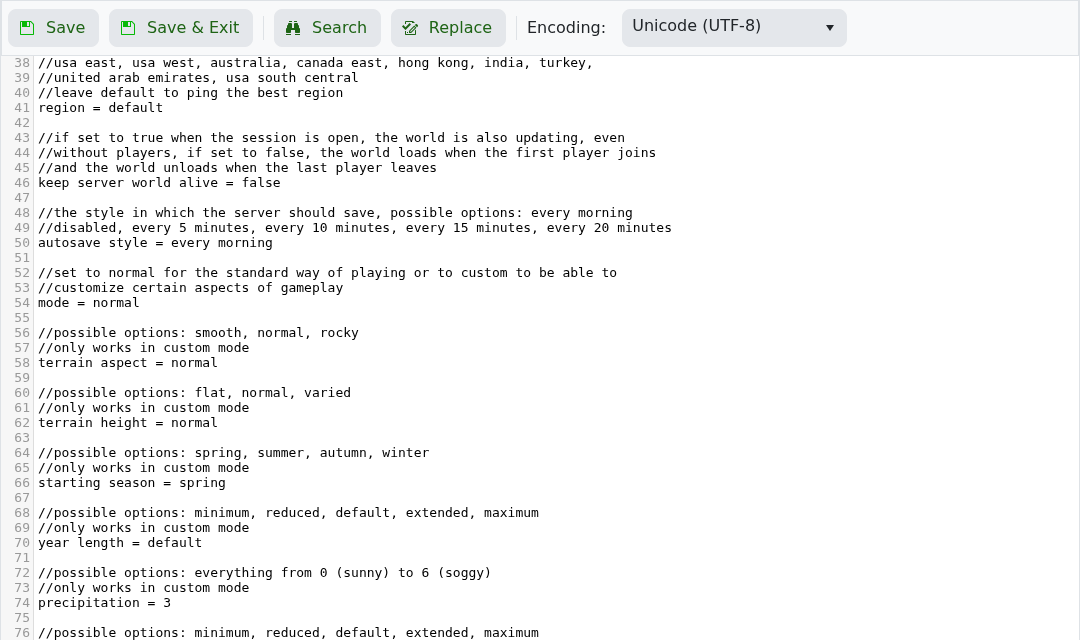 ASKA Text Editor showing keep server world alive and autosave style