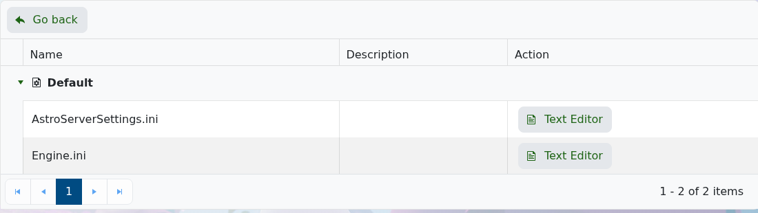 Astroneer Configuration Files showing AstroServerSettings.ini and Engine.ini Text Editor buttons