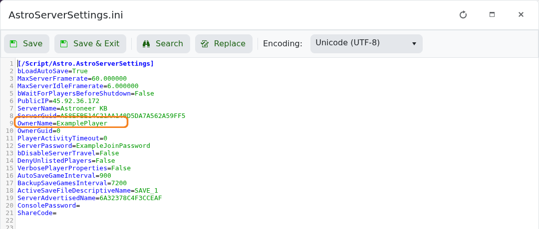 Astroneer OwnerName setting highlighted in AstroServerSettings.ini