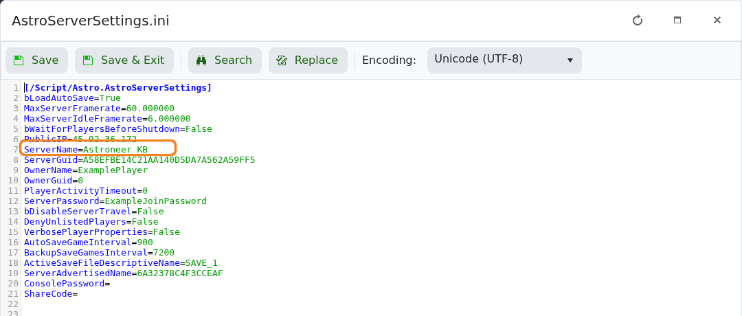 Astroneer ServerName setting highlighted in AstroServerSettings.ini