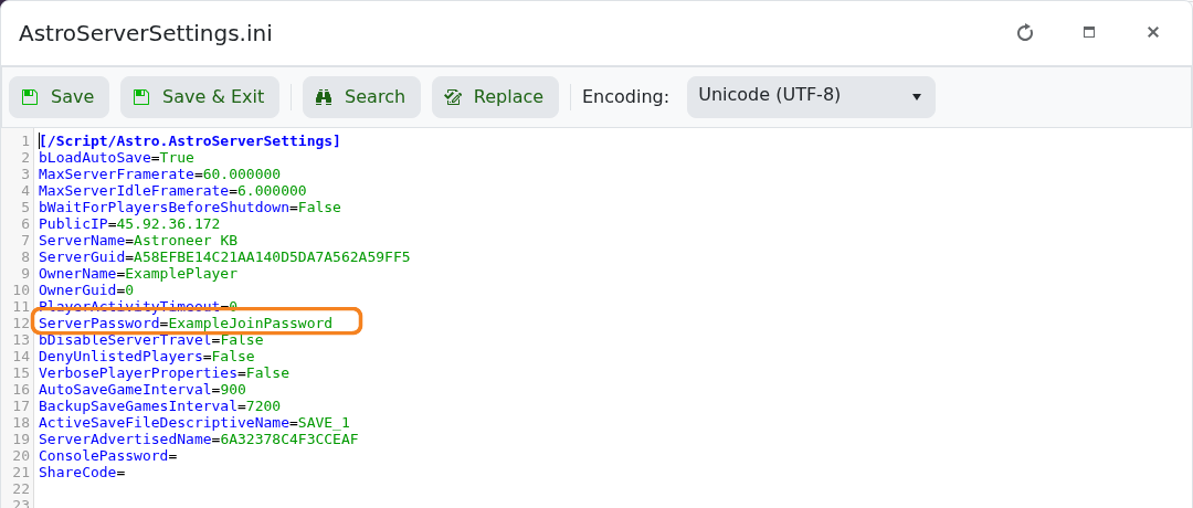 Astroneer ServerPassword setting highlighted in AstroServerSettings.ini