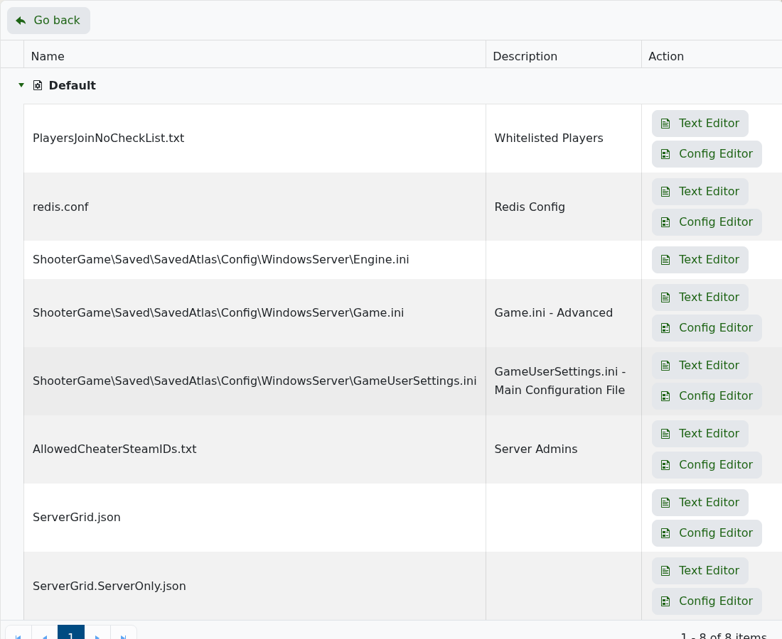 ATLAS configuration files showing ServerGrid.json and GameUserSettings.ini