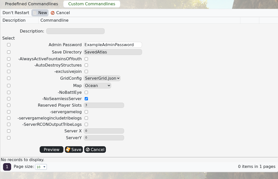 ATLAS custom command line showing the Admin Password option and selector checkboxes
