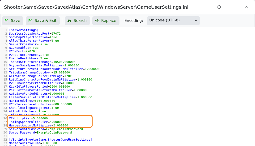 ATLAS GameUserSettings.ini with XP, taming and harvesting multipliers highlighted