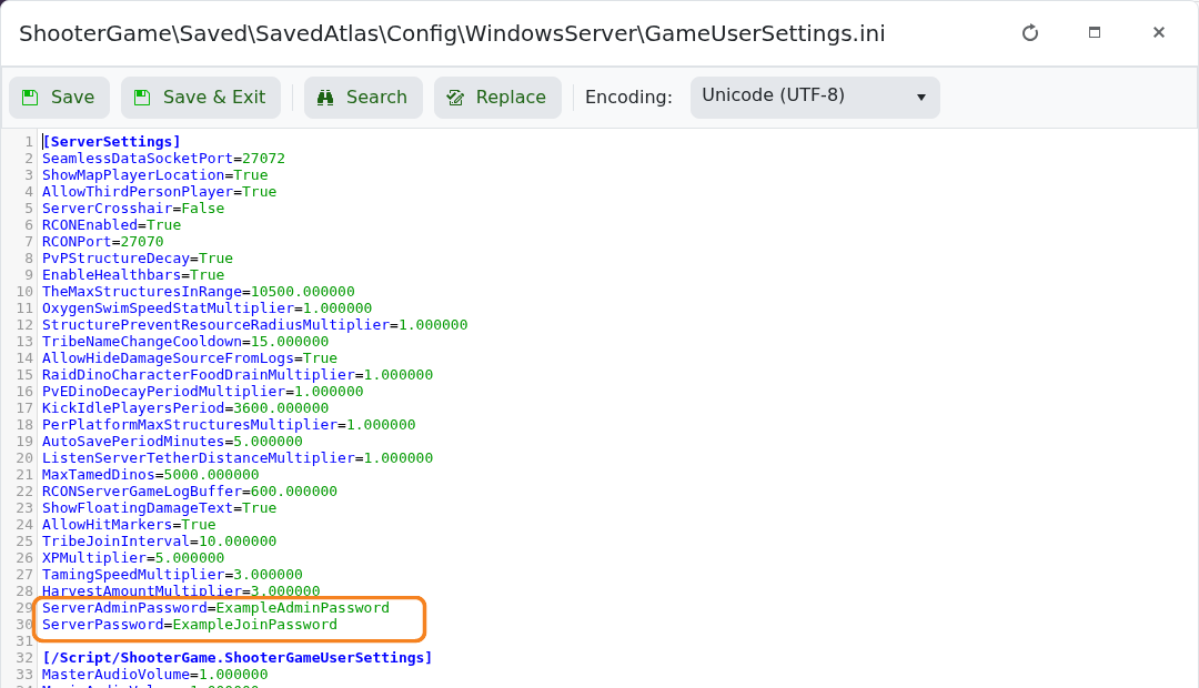 ATLAS GameUserSettings.ini with the admin and join password settings highlighted