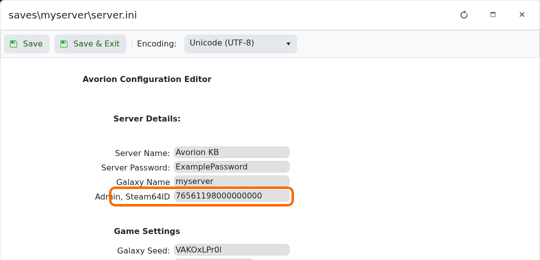 Admin Steam64ID field highlighted in the Avorion Config Editor