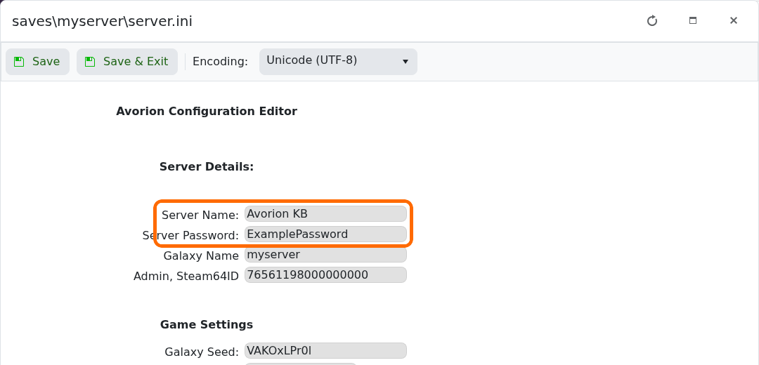 Avorion Config Editor with Server Name and Server Password highlighted