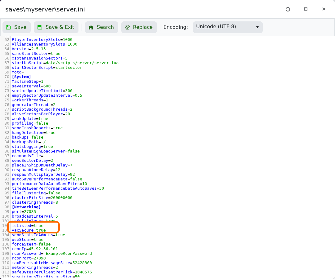 Avorion server.ini with isListed true highlighted under Networking