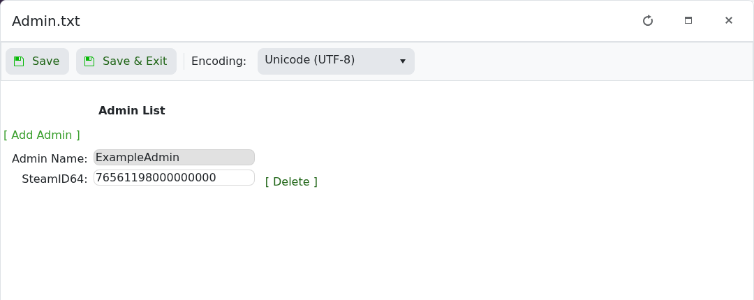 Blackwake Admin.txt Config Editor with admin name and SteamID64 fields