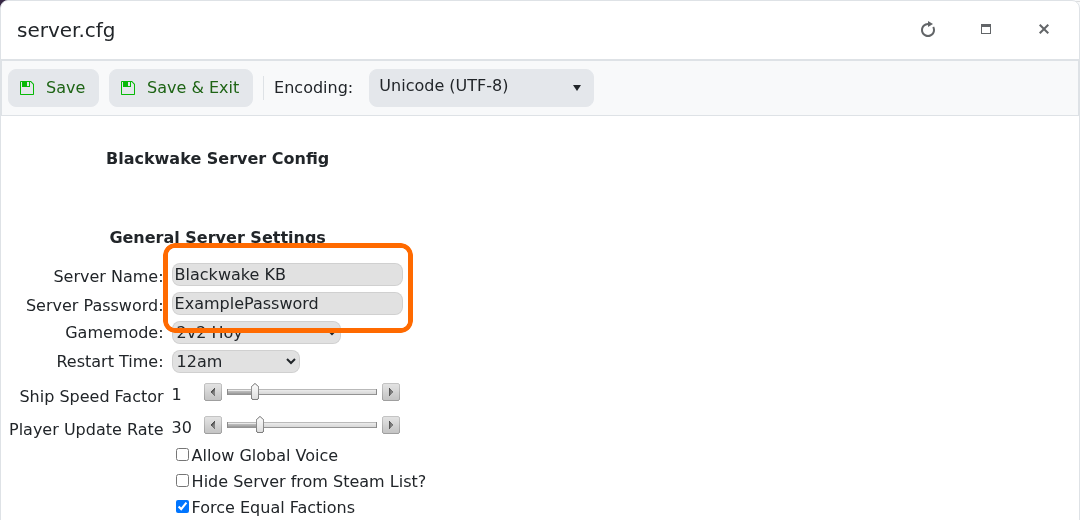 Blackwake Server Name and Server Password fields highlighted