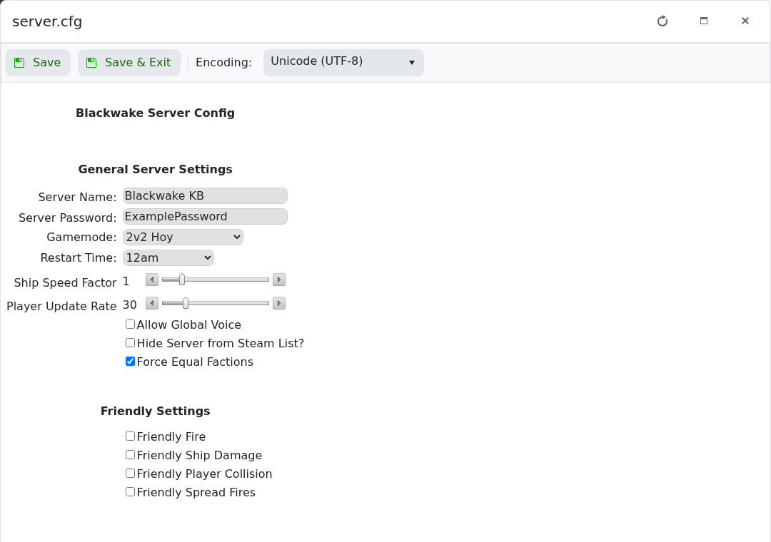 Blackwake Config Editor showing the game mode and general server settings