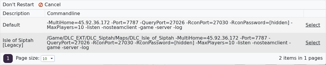 Conan Exiles Commandline Manager showing Default and Isle of Siptah predefined command lines