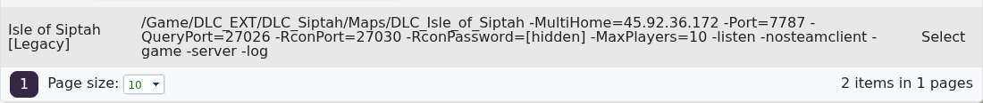 Conan Exiles Commandline Manager showing the Isle of Siptah row and Select action