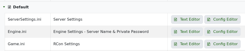 Conan Exiles Configuration Files page showing ServerSettings.ini, Engine.ini, Game.ini, and modlist.txt