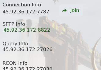 Conan Exiles TCAdmin-Dienstseite zeigt Connection Info und Query Info