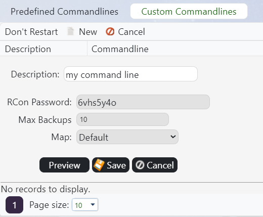 Conan Exiles custom command line form with Description, RCon Password, Max Backups, and Map fields