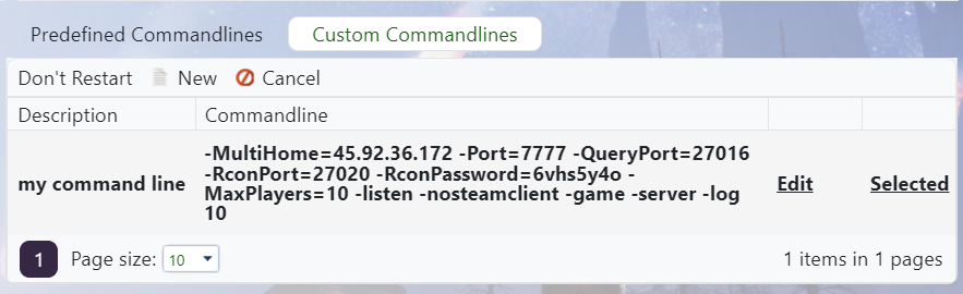 Conan Exiles custom command line saved and selected in Commandline Manager