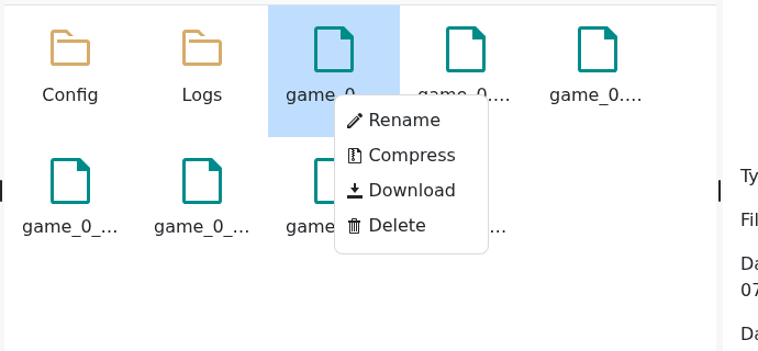 Conan Exiles File Manager context menu showing Rename and Delete for the world database file