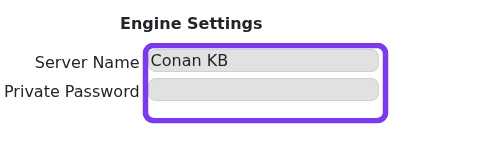 Conan Exiles Engine.ini editor showing Server Name and Private Password fields
