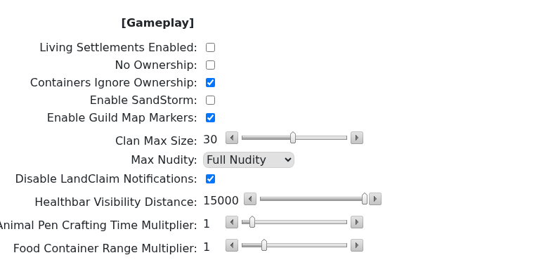 Conan Exiles ServerSettings.ini editor showing basic gameplay settings
