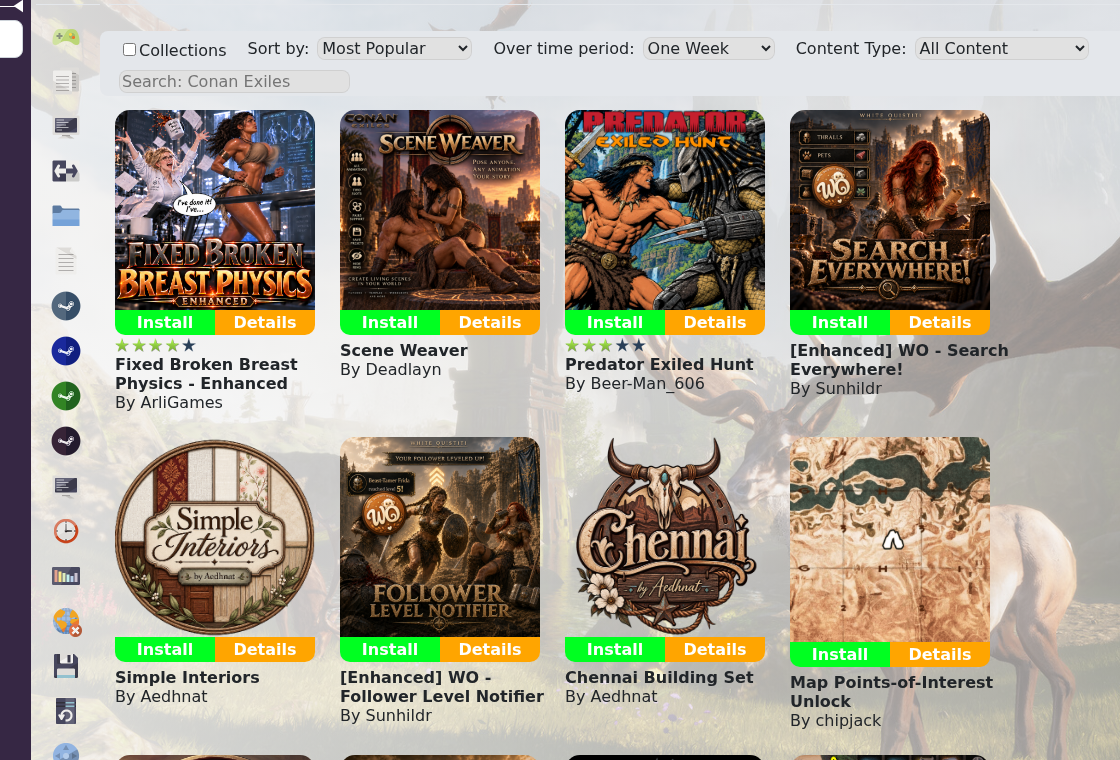 Conan Exiles Steam Workshop page in TCAdmin showing searchable Workshop mods