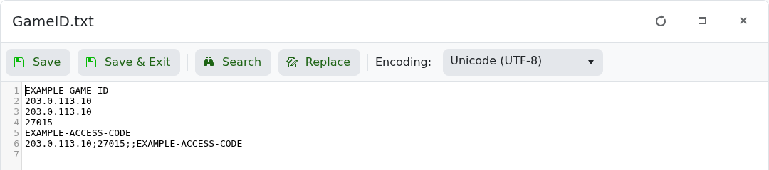 Core Keeper GameID.txt in the TCAdmin text editor with example connection values