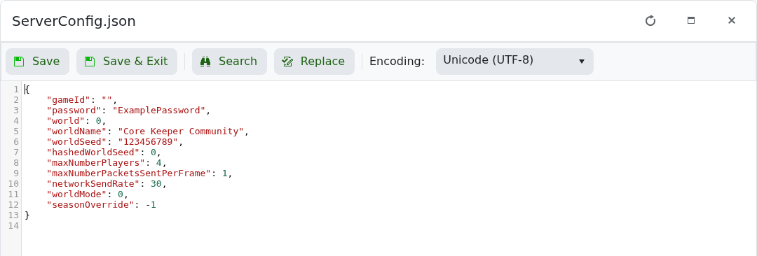 Core Keeper ServerConfig.json settings in the TCAdmin text editor