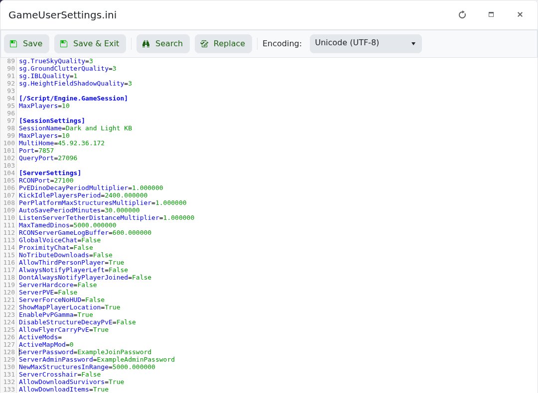 Dark and Light GameUserSettings.ini showing the server name and password settings
