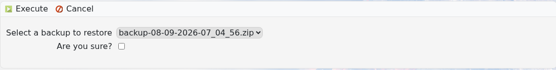 Dark and Light Restore Backup selector and confirmation box