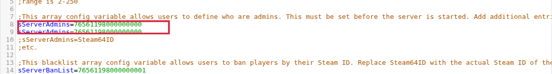 Day of Dragons sServerAdmins entry highlighted in Game.ini