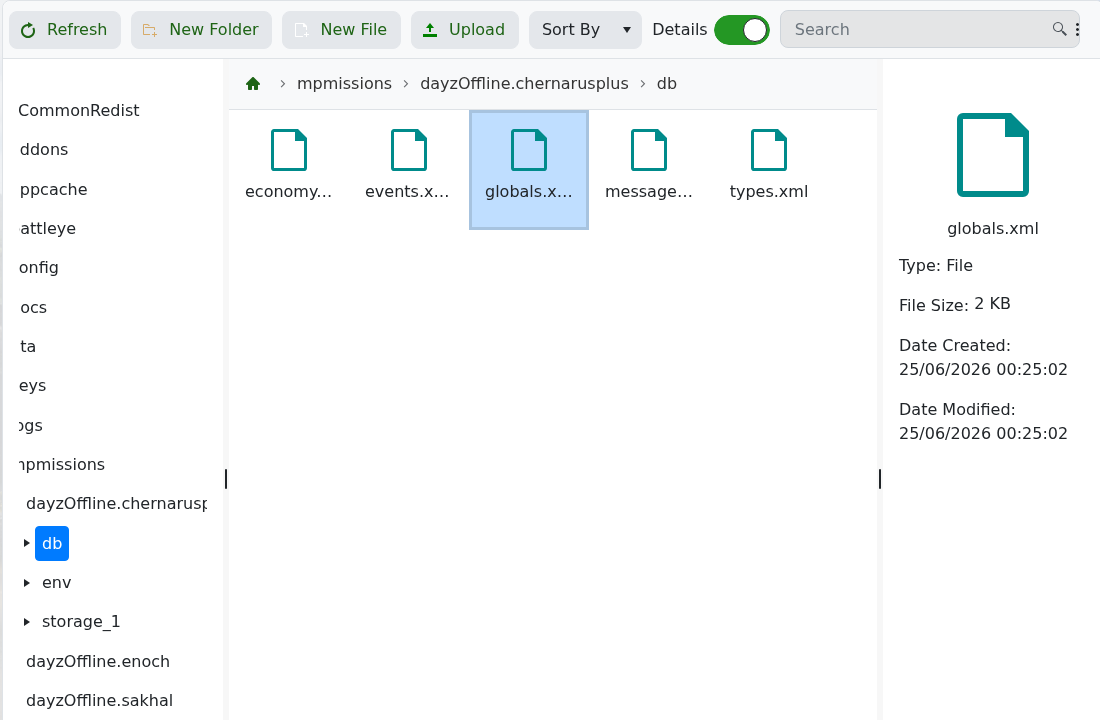DayZ File Manager showing globals.xml in the mission db folder