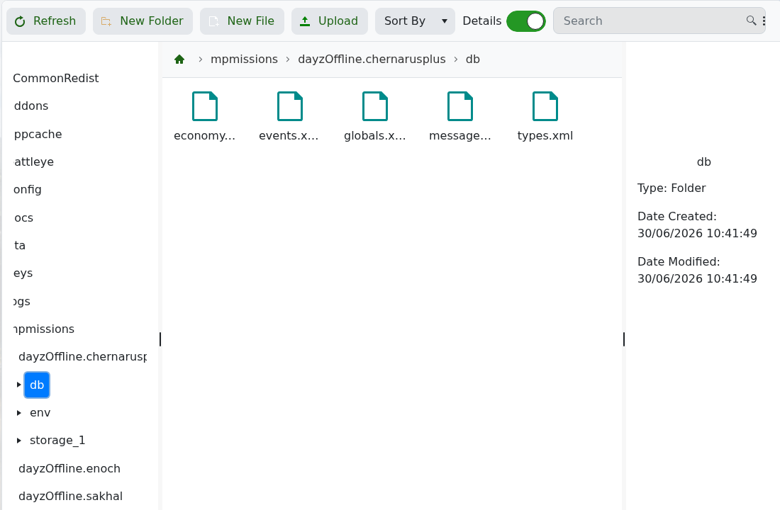 DayZ File Manager showing the active mission db folder