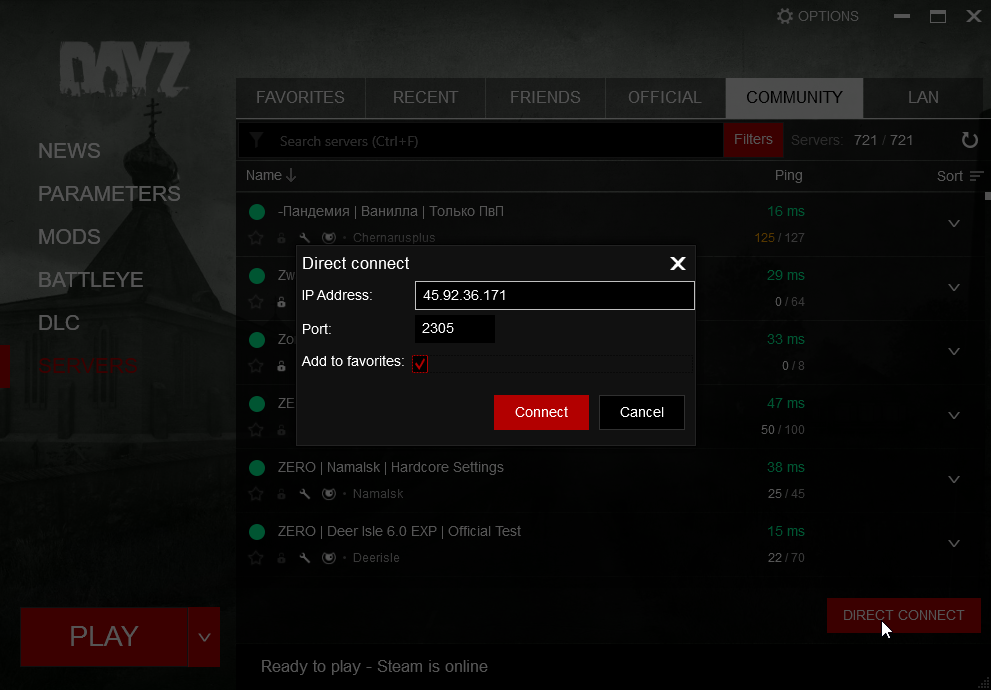 DayZ Direct Connect popup showing server IP and port