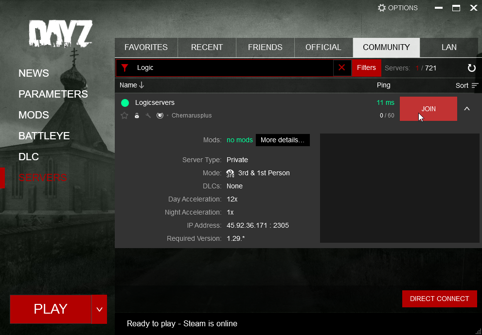 DayZ server browser showing expanded server details