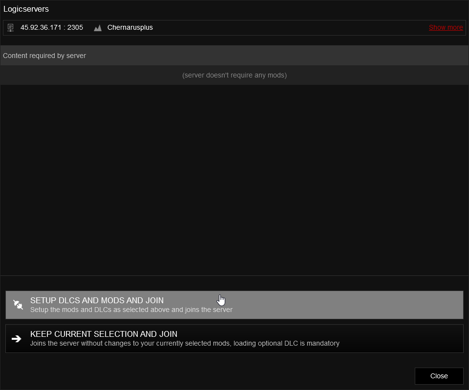 DayZ Mods and DLC join screen