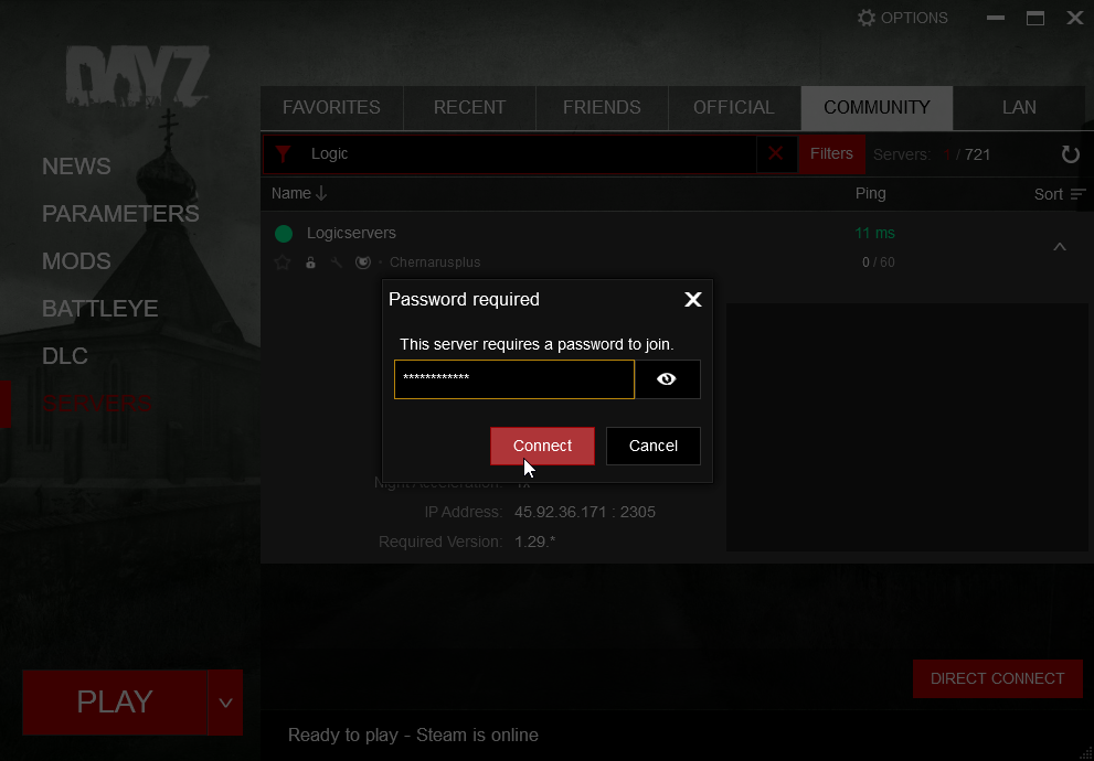 DayZ password required prompt with server context