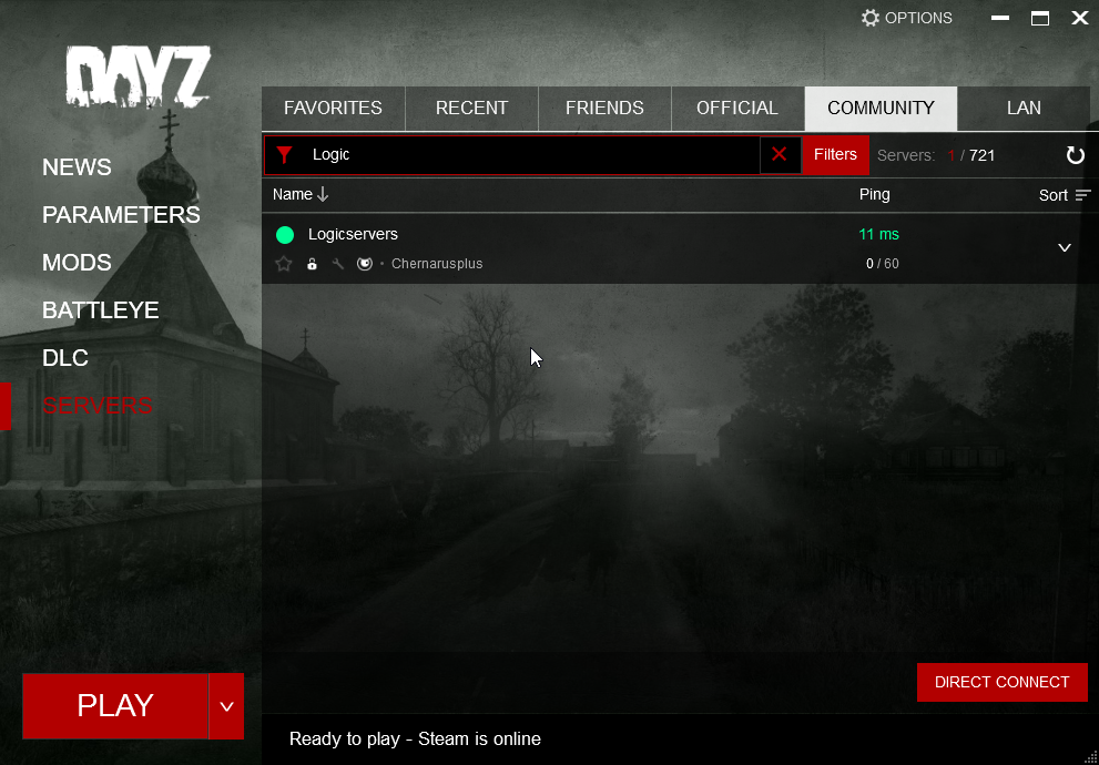 DayZ server browser showing the server search result