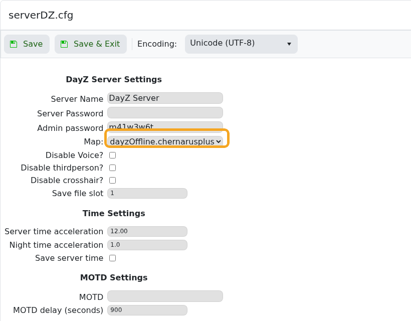 DayZ serverDZ.cfg Config Editor showing map dropdown