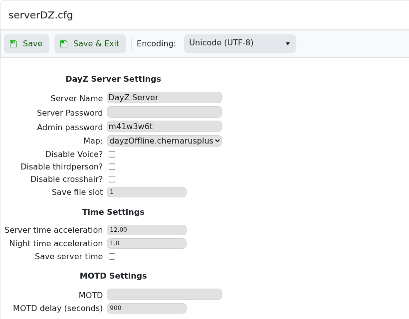 DayZ serverDZ.cfg Config Editor showing time and MOTD settings