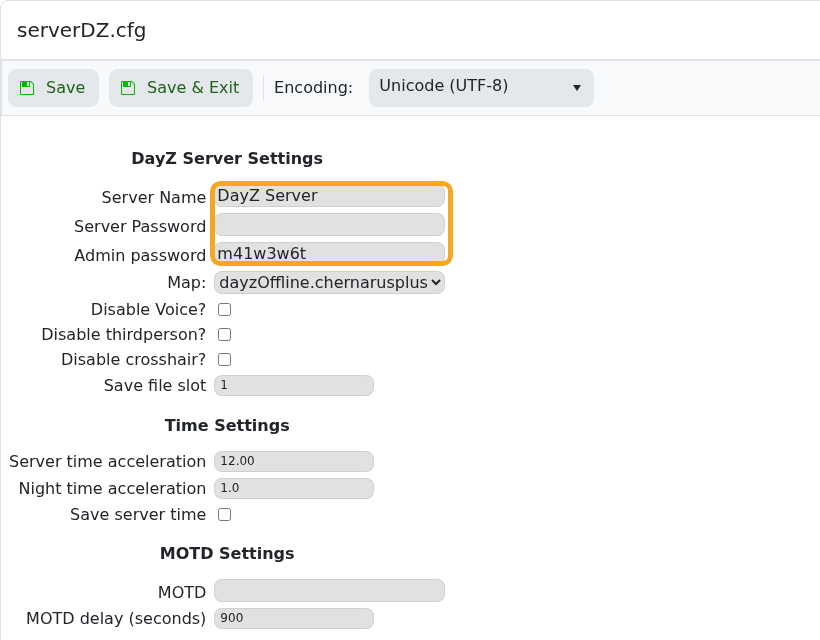 DayZ serverDZ.cfg Config Editor showing name and password fields