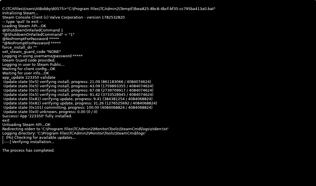 DayZ Steam Update output showing SteamCMD validation and completion