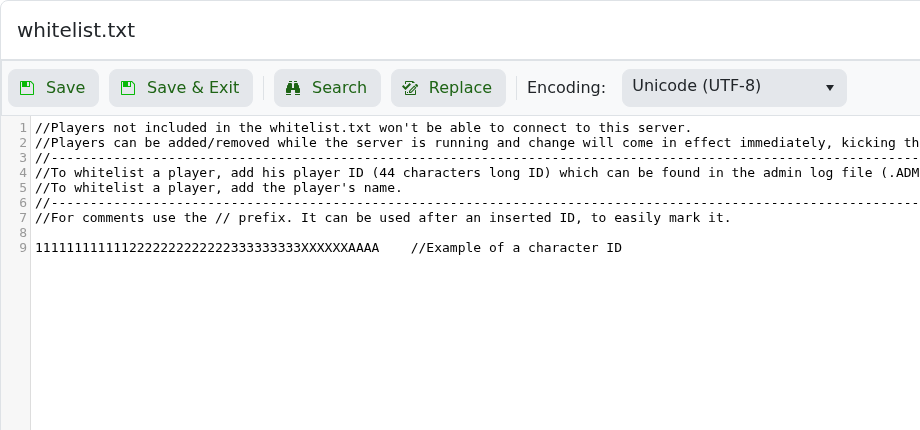 DayZ whitelist.txt Text Editor showing player ID format comments