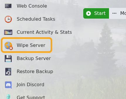 DayZ control panel showing Wipe Server