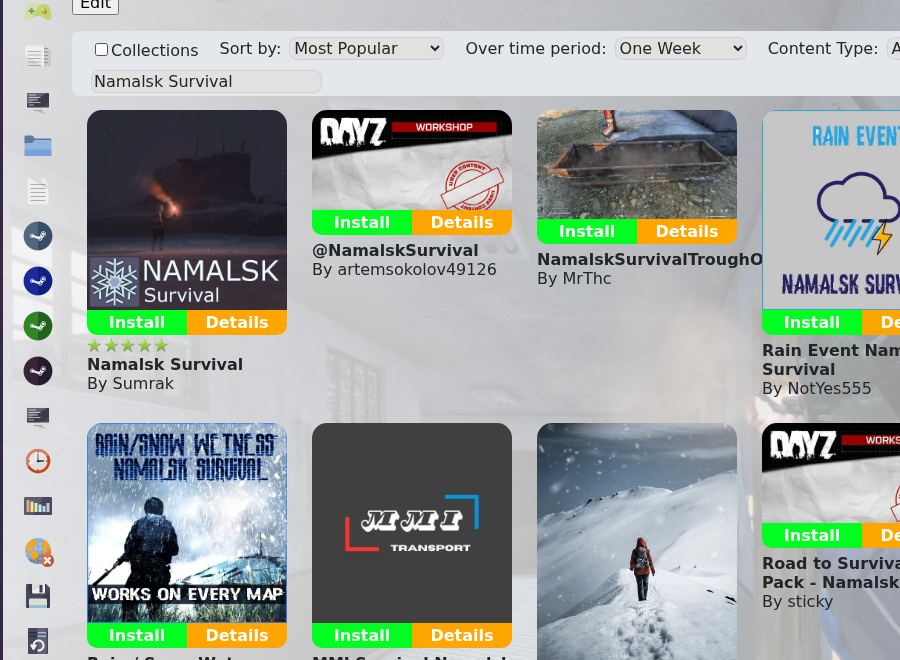 DayZ Steam Workshop search showing Namalsk Survival by Sumrak