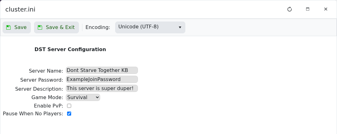 Don't Starve Together cluster.ini Config Editor showing the name password and description fields