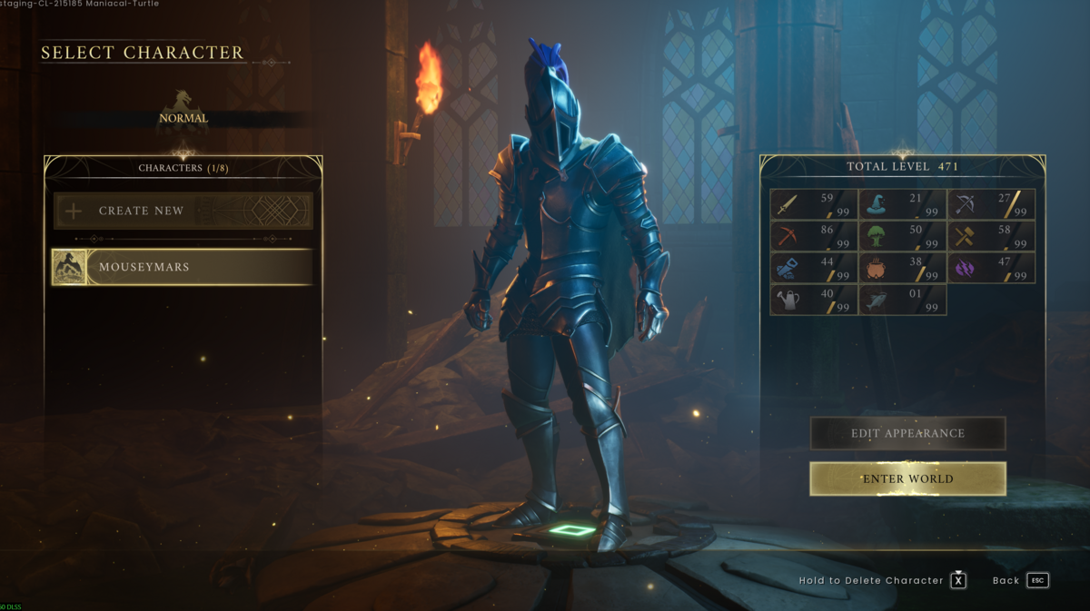 RuneScape Dragonwilds character selection screen with Enter World