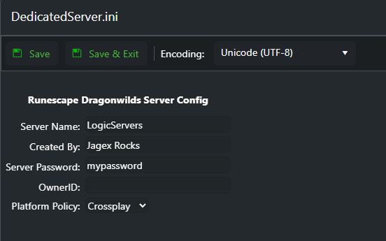 Dragonwilds DedicatedServer.ini Config Editor showing the empty OwnerID field