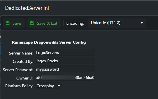 Dragonwilds DedicatedServer.ini Config Editor with a Player ID entered in OwnerID