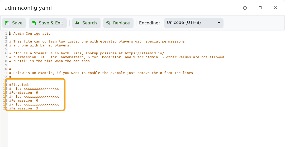 Empyrion adminconfig.yaml editor showing permission examples