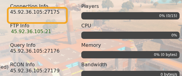Empyrion Connection Info showing server IP and port